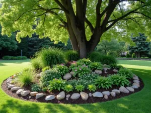 Woodland Shade Garden Corner - A serene corner featuring layers of shade-loving plants including hostas, Japanese forest grass, and bleeding hearts beneath towering maple trees. Natural log edging defines the space