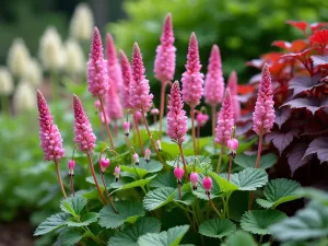 Woodland Shade Perennials - Close-up detail of shade-loving perennials including astilbe, bleeding heart, and heuchera creating a colorful understory display