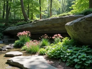 Shaded Rock Garden - Natural rock outcropping in dappled shade with planted pockets of coral bells, foam flowers, and native ferns between stones