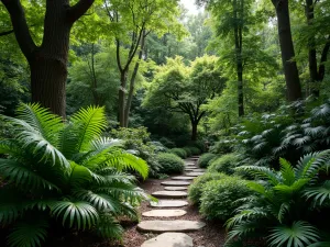 Woodland Shade Specimens - Dramatic specimen plantings of tree ferns, large-leaved hostas, and rodgersia creating bold textural contrast in deep shade