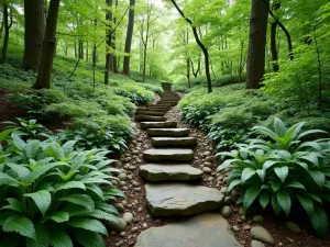 Woodland Steps - Wide view of natural stone steps winding through a shaded woodland garden, bordered by Solomon's seal, trillium, and Japanese painted ferns