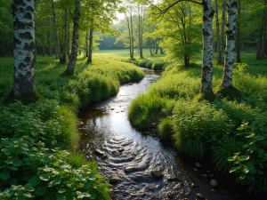 Shade Stream Garden - Aerial view of a meandering woodland stream with shade-loving plants like ligularia and primrose along its banks, beneath a canopy of birch trees