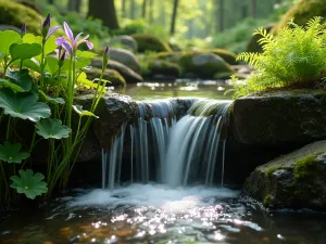 Woodland Water Feature - Close-up of a small woodland waterfall with moisture-loving plants like Japanese iris and lady ferns catching water droplets in dappled shade