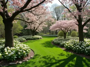 Woodland Spring Display - Wide shot of early spring woodland garden with blooming dogwoods, featuring naturalized spring bulbs and native groundcovers