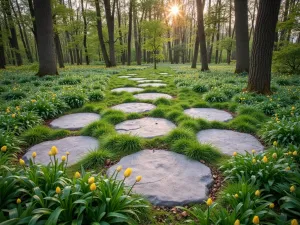 Stepping Stone Adventure - Wide-angle view of large circular stepping stones set among low-growing woodland groundcover and spring bulbs