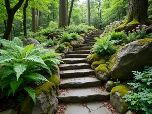 Woodland Steps - Wide-angle view of natural stone steps descending through a woodland garden, flanked by Christmas ferns and foam flowers, with moss-covered rocks as accents