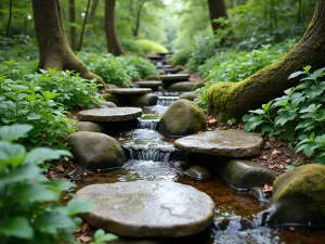 Woodland Stream Crossing - Natural stone stepping stones crossing a small stream in a woodland garden, surrounded by moisture-loving plants