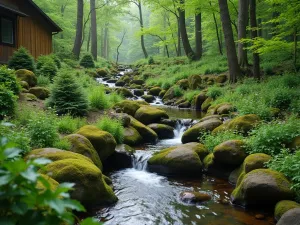 Woodland Stream Feature - A natural-looking stream meandering down a wooded hillside, bordered by moss-covered rocks, Japanese forest grass, and native wildflowers, creating a peaceful woodland water feature