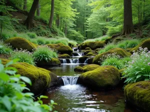 Woodland Stream Garden - Natural-looking stream surrounded by Japanese forest grass, astilbe, and primroses, with large moss-covered rocks creating a peaceful woodland water feature