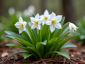 Woodland Trillium Display - Close-up view of white trillium flowers blooming among emerging hostas and wild ginger, with rich brown mulch and scattered pine needles