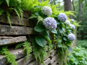 Woodland Vertical Garden - Close-up of a living wall created on a natural rock face in a woodland setting, featuring climbing hydrangea, native ferns, and woodland vines