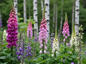 Woodland Vertical Interest - Close-up of vertical elements in a woodland garden, featuring tall foxgloves and native columbine against a backdrop of birch trees