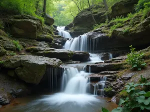 Woodland Water Cascade - Multiple small waterfalls cascading down a rocky woodland hillside, surrounded by moisture-loving plants and natural stone outcroppings