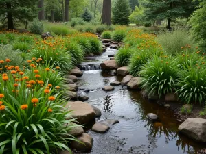 Woodland Water Feature - A natural-looking stream with stone edges meandering through a woodland garden, surrounded by japanese forest grass and marsh marigolds