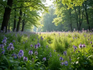 Woodland Wildflower Meadow - Wide view of a naturalistic woodland meadow featuring violets, wild columbine, and woodland asters in dappled shade