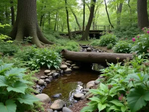 Woodland Wildlife Corner - Natural woodland garden corner with a small wildlife pond, log pile, and native plantings of ferns, foxgloves, and wood anemones to attract local wildlife