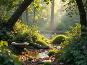 Woodland Wildlife Haven - Natural woodland garden scene with bird bath, log pile for insects, and native berry-producing shrubs, morning light streaming through trees