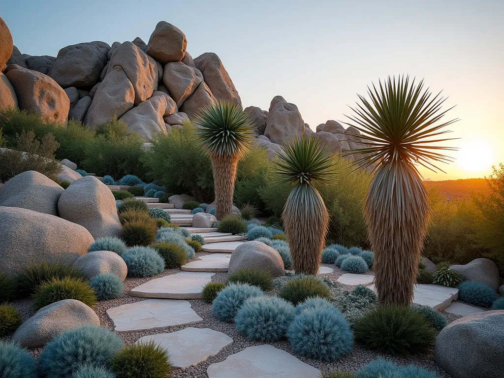 Desert-Inspired Yucca Rock Garden at Sunset - A stunning wide-angle DSLR photograph of a meticulously designed rock garden at golden hour, featuring majestic Yucca rostrata and Yucca gloriosa as dramatic focal points emerging from natural limestone boulder clusters. The garden showcases multiple tiers of weathered rocks in varying sizes, from large architectural boulders to smaller decorative stones, creating a naturalistic mountainous landscape. Silver-blue sedums and desert-adapted ground covers weave between the rocks, while the low-angled sunlight casts long shadows and illuminates the yuccas' sword-like leaves with a warm glow. The composition is anchored by three differently sized yuccas, their architectural forms creating a striking silhouette against the dusky sky, shot at f/8 for optimal depth of field, capturing every detail of the textured rocks and plant materials. Professional photography, 4K, hyper-realistic.