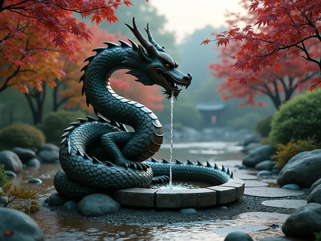 Ancient Dragon Zen Garden Statue - A majestic weathered bronze dragon statue, 4 feet tall, coiled gracefully around a small bubbling stone fountain in a serene zen garden setting at dusk. The dragon's scales show a natural patina, its wise eyes gazing peacefully over the garden. Japanese maple trees with deep red foliage frame the scene, while climbing jasmine vines delicately wrap around the dragon's tail. Smooth river rocks and raked gravel patterns surround the base, with soft landscape lighting creating mysterious shadows. Wide-angle shot capturing the entire peaceful composition with subtle fog rolling in.