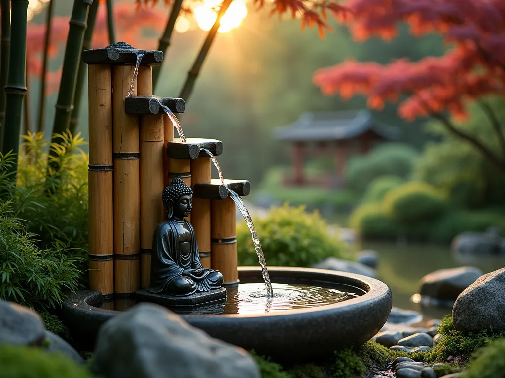 Tranquil Bamboo Water Feature with Stone Buddha - A serene garden scene at dusk featuring a traditional bamboo fountain cascading water into a stone basin, with a weathered bronze Buddha statue nestled among Japanese forest grass. The fountain, crafted from natural bamboo poles of varying heights, creates a peaceful zen atmosphere with water trickling down multiple levels. Soft evening light filters through towering bamboo plants in the background, casting gentle shadows. Moss-covered rocks surround the base, while Japanese maples provide a stunning burgundy canopy overhead. Shot from a low angle with shallow depth of field, capturing water droplets mid-fall with bokeh effects. Professional photograph with dramatic lighting highlighting the water's movement and the statue's peaceful expression.