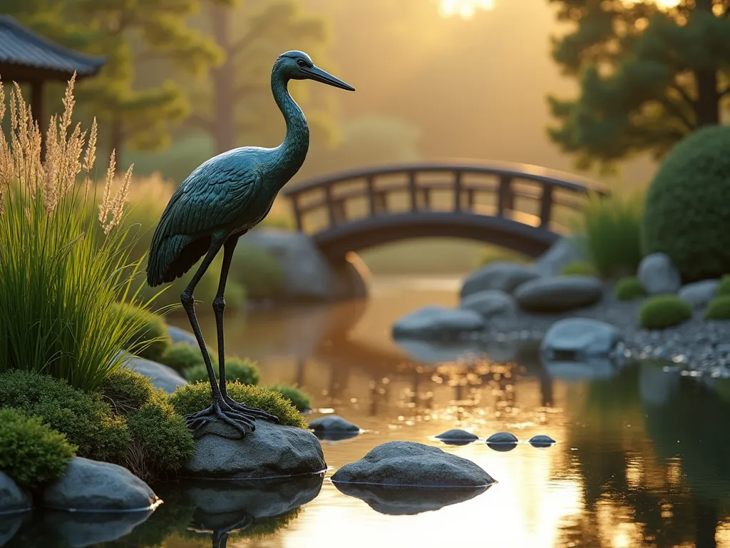 Serene Bronze Crane at Dawn - A breathtaking wide-angle DSLR photograph of an elegant 4-foot tall bronze crane statue in a Japanese-inspired zen garden, captured during golden dawn light. The majestic crane stands gracefully on one leg among swaying ornamental grasses, its neck elegantly curved, positioned beside a small tranquil pond with smooth river rocks. Japanese forest grass and feather reed grass create a soft, natural backdrop, while morning mist hovers delicately over the water's surface. The statue's patinated bronze surface catches the warm early morning light, creating subtle highlights that emphasize its graceful form. Low-growing moss and carefully placed stone lanterns frame the scene, while a traditional wooden bridge is partially visible in the background. Shot at f/8 for optimal depth of field, capturing both the intricate details of the statue and the serene garden setting with crystal clarity.