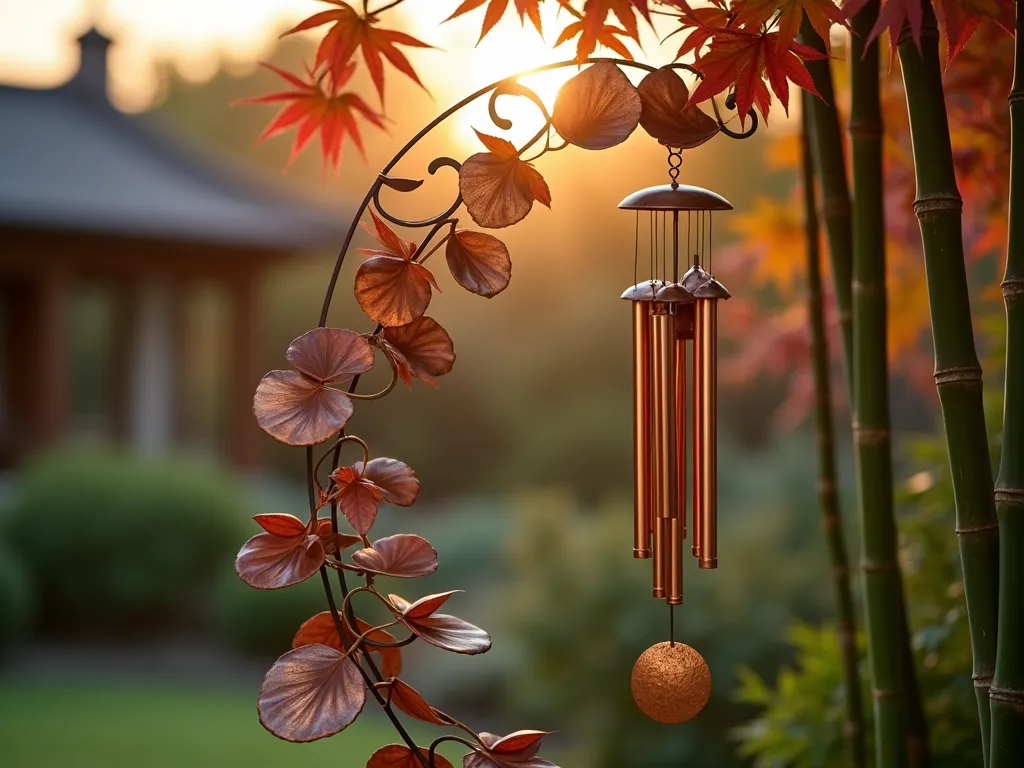 Serene Copper Wind Chime Garden Sculpture - A stunning close-up shot of an artistic copper wind chime sculpture in a tranquil garden setting at golden hour. The graceful 6-foot tall sculptural piece features flowing curves and abstract leaf patterns, with multiple tiers of harmoniously tuned copper chimes hanging at different lengths. Filtered evening sunlight catches the metalwork's patina while Japanese maple leaves provide a soft burgundy backdrop. The sculpture is positioned near bamboo plants gently swaying in the breeze. Shallow depth of field emphasizes the intricate metalwork while maintaining environmental context. Professional DSLR photo with natural lighting capturing the serene atmosphere and artistic craftsmanship.