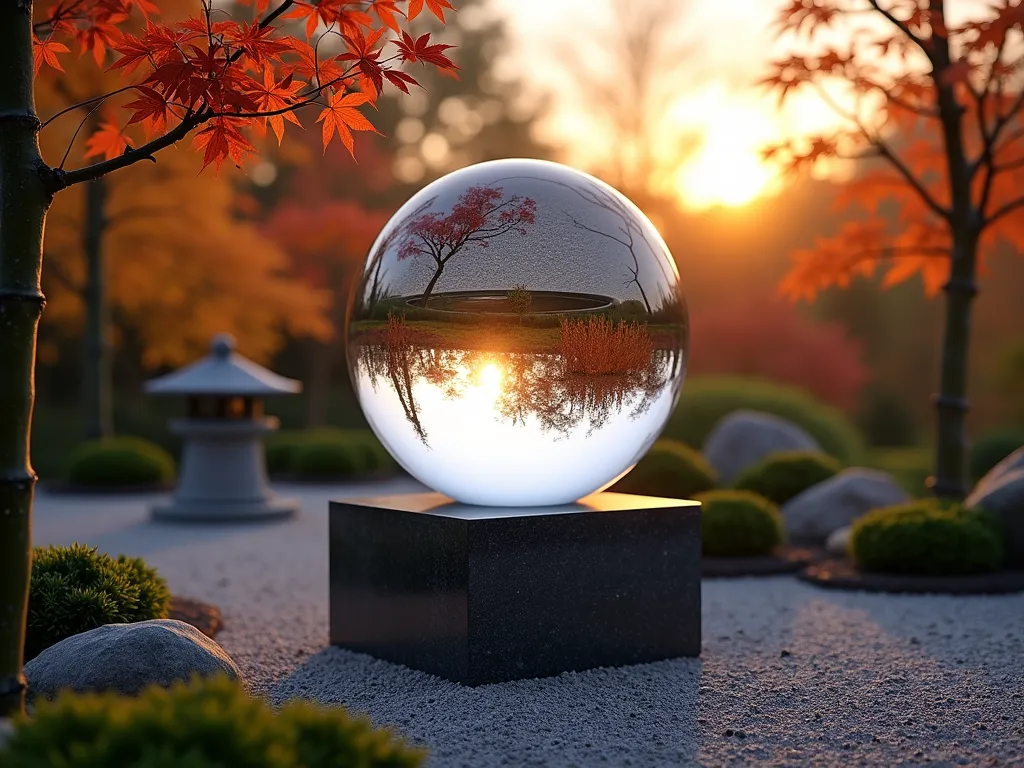 Zen Garden Crystal Sphere at Sunset - A serene Japanese zen garden at sunset featuring a large, perfectly polished crystal sphere mounted on a minimalist black granite pedestal. The sphere reflects the warm golden light and surrounding Japanese maple trees, creating mesmerizing light patterns across the raked gravel garden. Small moss-covered rocks and carefully placed bamboo plants frame the scene, while a stone lantern sits quietly in the background. The sphere appears to float above its base, with the evening sun creating a pristine reflection that captures the entire garden within its surface. Shot from a low angle perspective to emphasize the sphere's dramatic presence against the purple-orange sky.