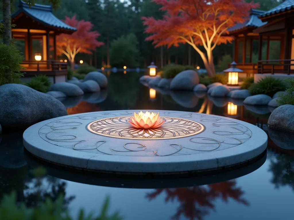 Floating Lotus Platform at Dusk - Photorealistic wide-angle shot of a serene Japanese-inspired garden at dusk featuring a minimalist circular platform adorned with intricate lotus flower motifs, seemingly floating 6 inches above a still reflection pool. The platform is crafted from smooth white stone with bronze accents, illuminated by subtle underwater lighting that casts ethereal patterns on the water's surface. Surrounding the pool are carefully placed river rocks, dwarf bamboo, and Japanese forest grass. Soft lantern light filters through Japanese maple trees in the background, creating a magical twilight atmosphere. The water perfectly mirrors the platform and surrounding landscape, doubling the visual impact of the lotus designs.