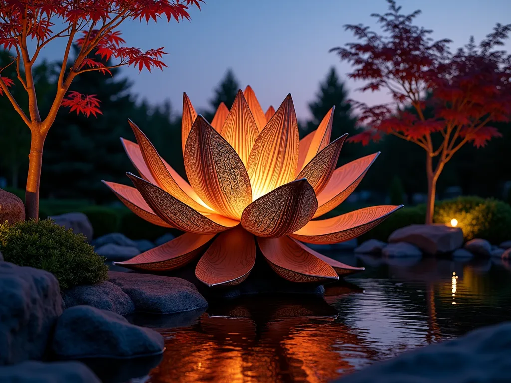 Illuminated Lotus Garden Sculpture at Dusk - A stunning copper and brass lotus flower sculpture, 4 feet tall, photographed at dusk in a serene Zen garden setting. The sculpture emerges from a small reflecting pool surrounded by smooth black river rocks and low-growing moss. Solar-powered LED lights within the petals create a warm ethereal glow, casting intricate petal-shaped shadows on the water's surface. Japanese maple trees frame the background, their delicate leaves silhouetted against the purple-blue twilight sky. Shot from a low angle using a wide-angle lens to capture both the sculpture's detailed metalwork and its reflection in the still water, with subtle landscape lighting illuminating the surrounding garden elements.