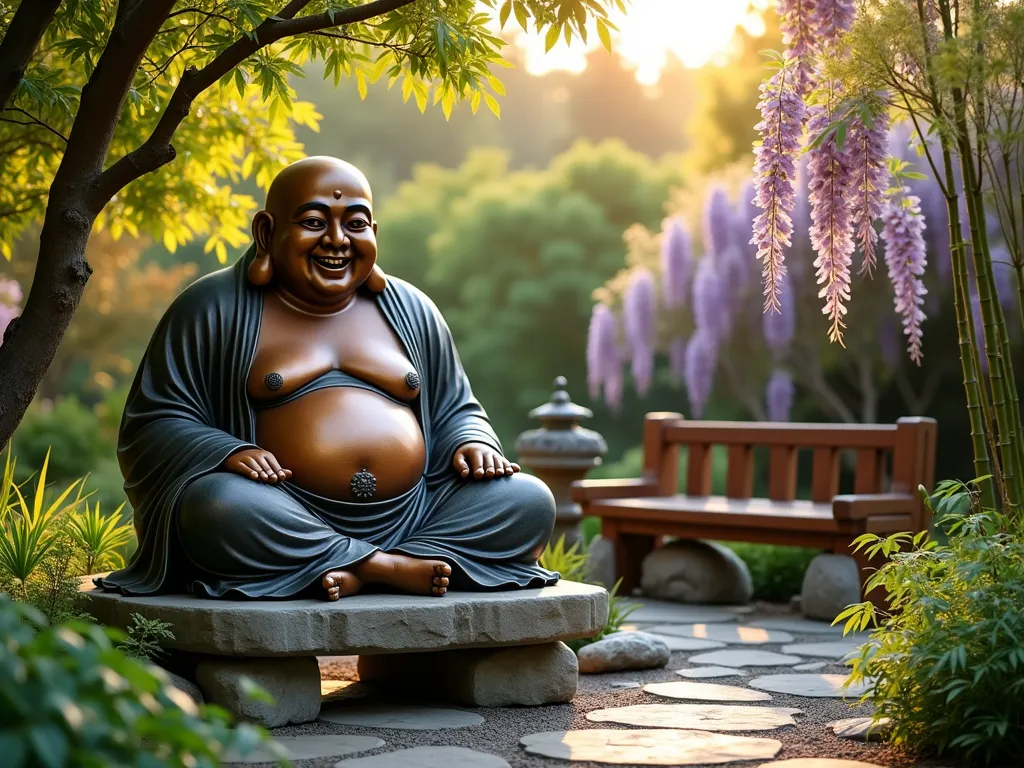 Laughing Buddha Garden Sanctuary - A serene garden scene at golden hour featuring a large bronze laughing Buddha statue with a warm patina, sitting cross-legged on a weathered stone pedestal. The statue is positioned in a cozy garden nook surrounded by flowing Japanese forest grass and dwarf bamboo. A comfortable teak bench sits nearby, creating an intimate meditation space. Soft evening light filters through Japanese maple leaves, casting dappled shadows across the Buddha's joyful expression. Stone lanterns and smooth river rocks complete the peaceful composition, while purple and white wisteria drapes gracefully in the background. Medium-wide angle shot capturing the entire contemplative setting with warm, natural lighting enhancing the statue's welcoming presence.