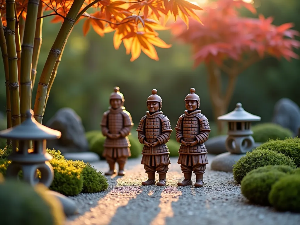 Miniature Terra Cotta Warriors in Zen Garden - A serene evening scene of a Japanese-inspired zen garden featuring three miniature terra cotta warrior statues, approximately 2 feet tall, positioned thoughtfully among low-growing bamboo and moss. The warriors stand in formation on a bed of light-colored gravel, creating dramatic shadows in the golden hour lighting. Stone lanterns provide subtle illumination while Japanese maple trees frame the background. Captured in medium shot at f/2.8, with selective focus on the weathered details of the warriors' armor, creating a dreamy bokeh effect on the surrounding zen garden elements. Small stone pagodas and carefully placed river rocks complete the peaceful Asian-inspired composition.