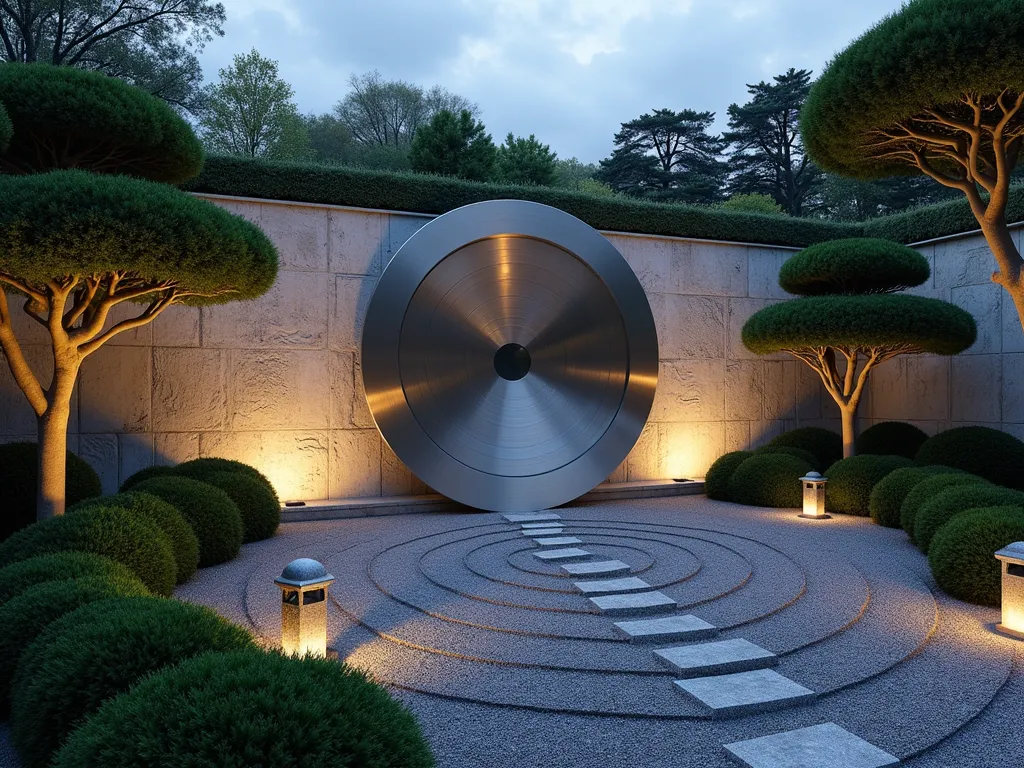 Minimalist Zen Circle Garden Sculpture - A striking brushed stainless steel circular sculpture, 6 feet in diameter, mounted on a weathered stone wall in a serene Japanese garden setting at dusk. The perfect circle casts dramatic shadows on the textured wall, surrounded by carefully manicured cloud-pruned Japanese holly bushes and tufts of ornamental grasses. Raked gravel patterns flow beneath, creating concentric circles that mirror the sculpture's form. Soft twilight illumination highlights the metal's subtle sheen, while stone lanterns provide gentle ambient lighting. Wide-angle perspective showcasing the circle as a mesmerizing focal point in the harmonious garden composition.