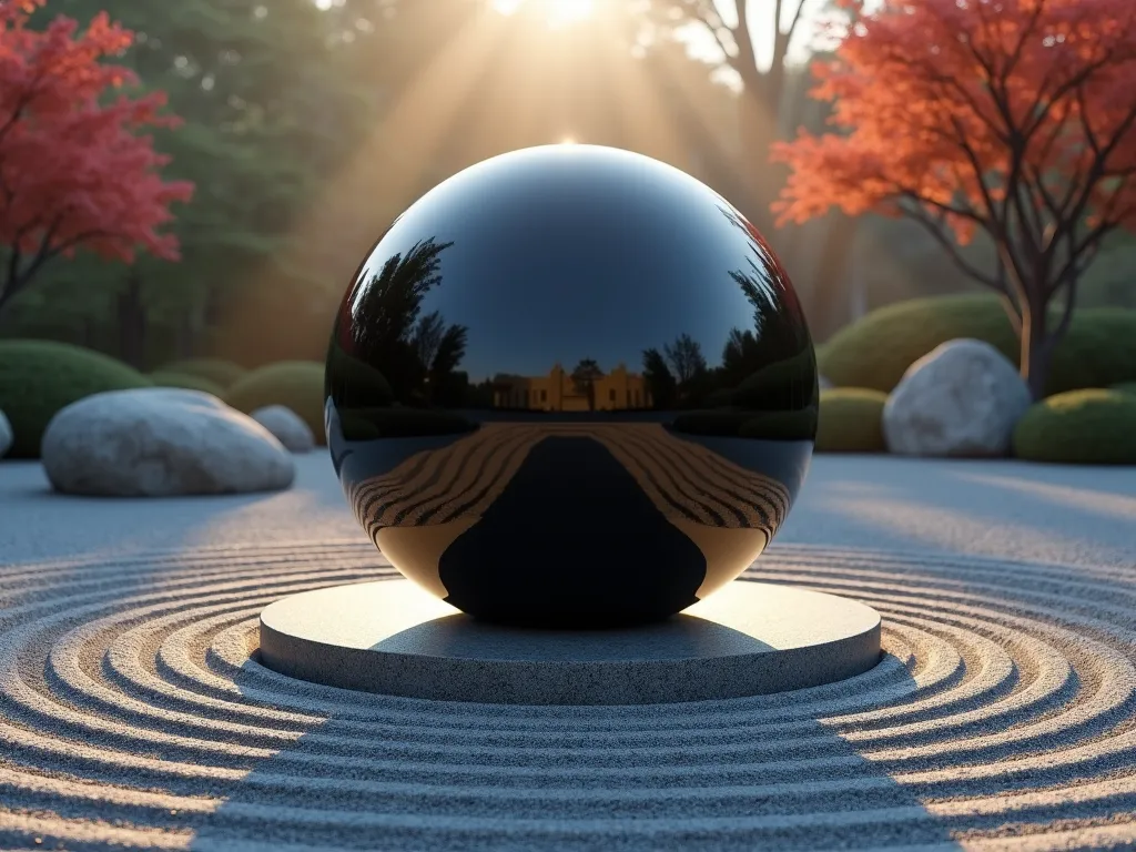 Minimalist Zen Sphere Garden Feature - A serene Japanese garden scene at dawn featuring a large, perfectly polished black granite sphere, 3 feet in diameter, resting on a low circular stone pedestal. The sphere is surrounded by precisely raked concentric circles in light gray gravel. Early morning sunlight casts long shadows across the ground, creating a dramatic interplay of light and shadow. The background shows carefully pruned Japanese maples and a few strategically placed river rocks. Shot from a low angle to emphasize the sphere's monumentality, with soft morning mist adding atmosphere. Photorealistic, architectural photography style, ultra-detailed.