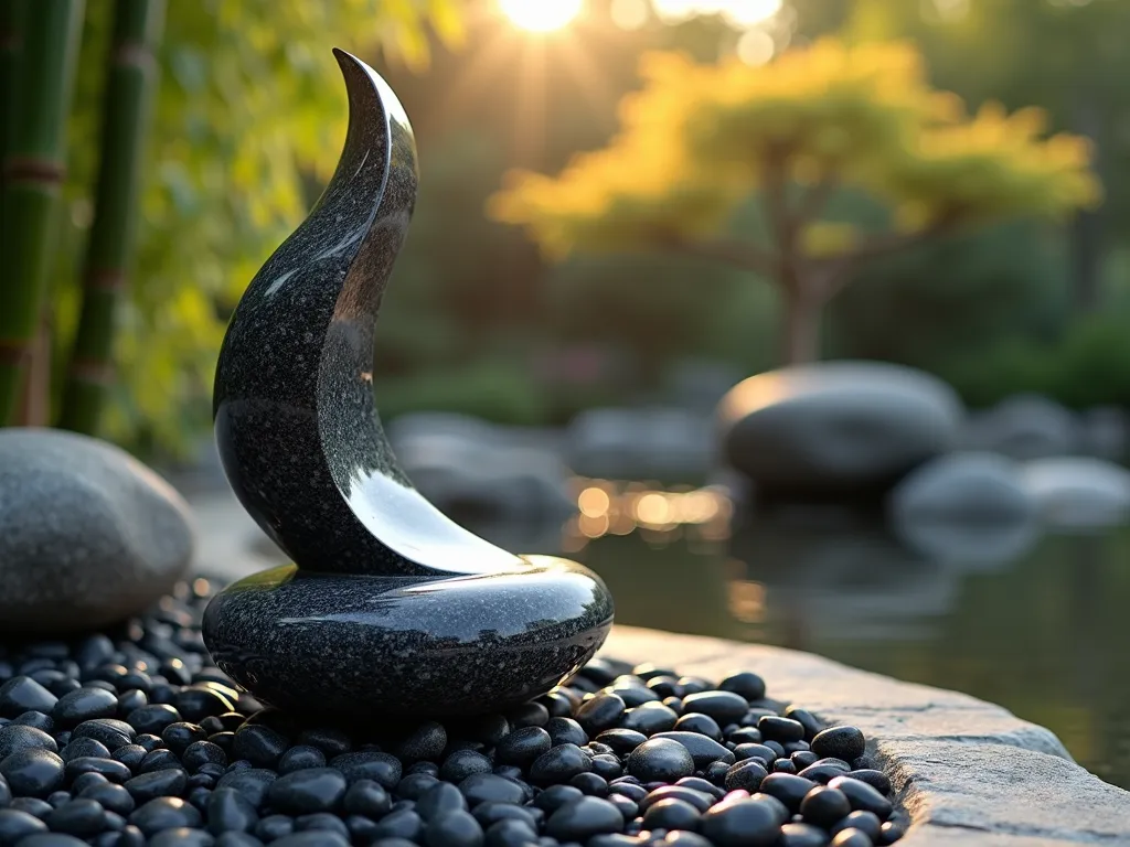 Modern Zen Stone Spiral Garden Feature - A stunning close-up shot of a polished granite spiral sculpture, standing 4 feet tall, with smooth curved lines flowing upward in a continuous motion against a backdrop of sleek black polished pebbles. The sculpture captures golden hour sunlight, creating subtle shadows that emphasize its flowing form. Shot from a low angle at f/2.8, with intentional bokeh effect blurring the Japanese maple and bamboo in the background. The contemporary meditation garden features minimal landscaping with carefully placed river rocks and a small water feature nearby, creating a serene atmosphere. Soft evening light casts warm tones on the stone's surface, highlighting its natural patterns and textures.