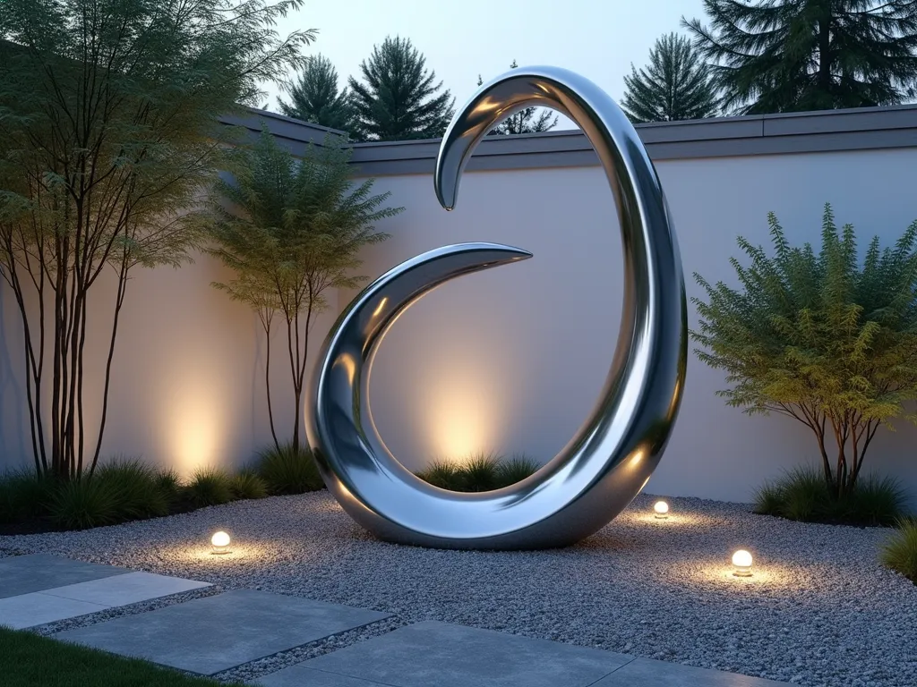 Modern Wave Zen Sculpture at Dusk - A sleek, polished stainless steel abstract wave sculpture, 6 feet tall, gracefully curves and flows like water frozen in time. The sculpture stands in a minimalist Zen garden setting with raked gravel patterns rippling outward. Positioned against a clean white garden wall adorned with climbing silver falls dichondra. Soft dusk lighting casts gentle shadows, while integrated LED ground lights create a subtle glow on the sculpture's surface. Wide-angle perspective captures the entire composition, including surrounding black bamboo and natural stone pavers. Shot with shallow depth of field highlighting the sculpture's fluid form. Photographed with a 16-35mm lens at f/2.8, ISO 400, creating a dreamy bokeh effect in the background.