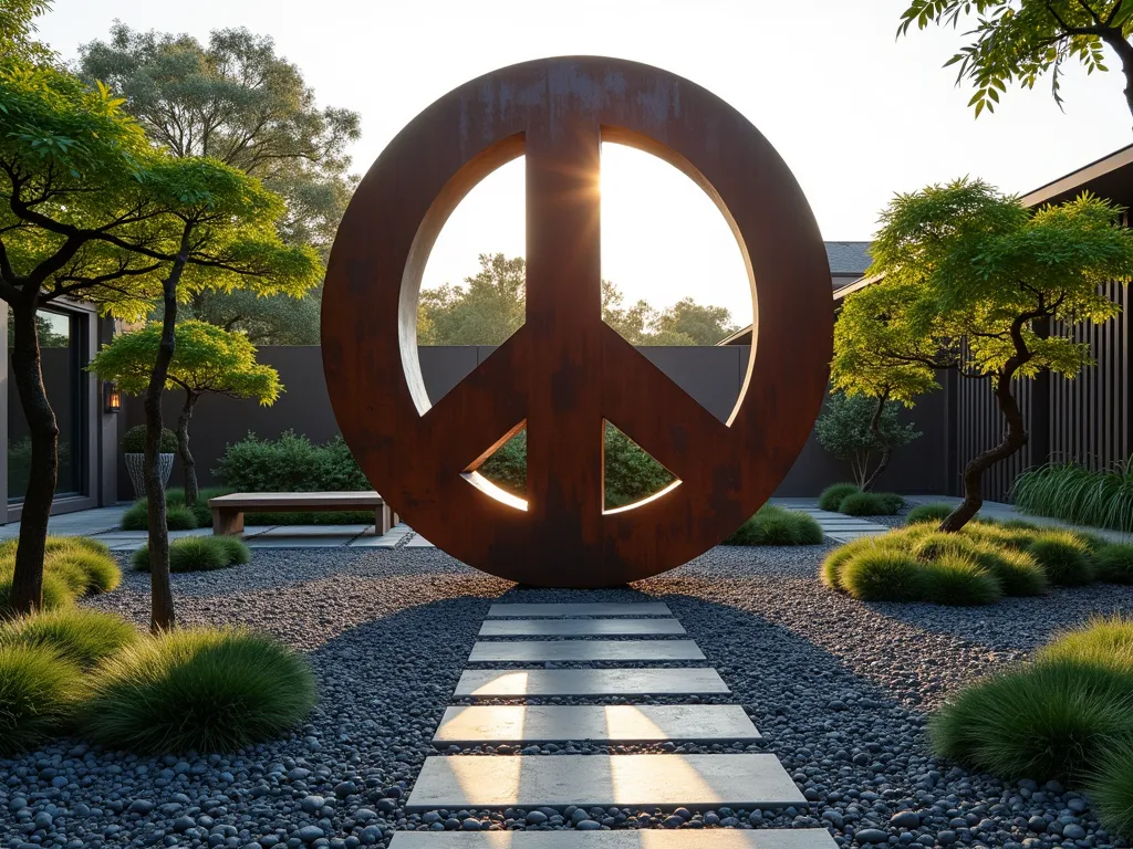 Modern Zen Peace Symbol at Dusk - A stunning DSLR wide-angle photograph of a large, abstract peace symbol sculpture in weathered Cor-ten steel, standing 6 feet tall in a minimalist zen garden. The contemporary sculpture features organic, flowing curves that catch the warm golden light of dusk. Surrounded by a bed of smooth river rocks and carefully placed black mondo grass, with three precisely pruned cloud-form Japanese maples providing subtle backdrop. The sculpture casts dramatic shadows across raked gravel patterns, while subtle landscape lighting begins to illuminate the piece from below. Captured with shallow depth of field highlighting the sculpture's textured patina against the soft-focus garden elements. A stone pathway leads viewers to contemplate the piece from multiple angles, with a small wooden bench positioned for reflection.