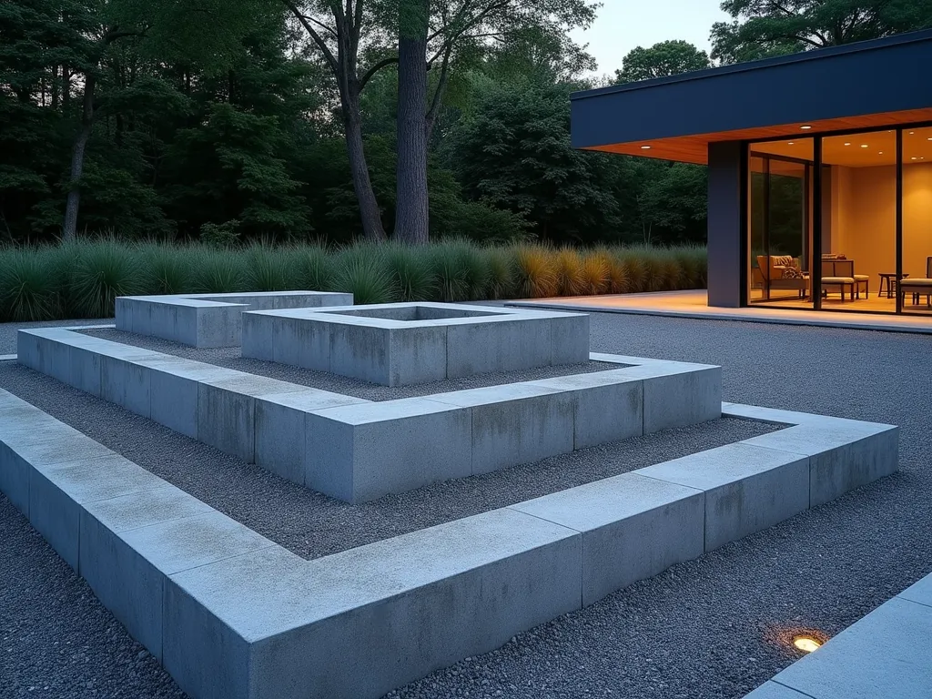 Modern Zen Stone Column Garden - A serene modern zen garden at dusk featuring a geometric array of smooth granite columns in varying heights (2-5 feet tall) arranged in a spiral pattern. The minimalist stone sculptures emerge from a perfectly raked light gray gravel bed, with soft landscape lighting casting dramatic elongated shadows across the peaceful space. Low-growing Japanese forest grass provides subtle organic contrast along the edges. Wide-angle perspective captures the entire installation with a modern house facade visible in the background. Shot with shallow depth of field highlighting the stone textures. Professional architectural photography style, 16-35mm lens, f/2.8, ISO 400.