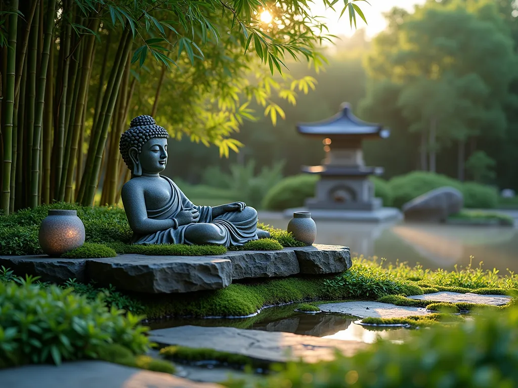 Serene Reclining Buddha Garden Sanctuary - A peaceful dusk scene in a Japanese-inspired garden featuring a weathered stone reclining Buddha statue nestled on a gently elevated moss-covered stone platform. The statue is surrounded by flowing dwarf bamboo and creeping thyme ground cover creating a lush green carpet. Soft evening light filters through tall bamboo stems in the background, casting gentle shadows across the scene. Natural stone lanterns provide subtle illumination, while a small water feature creates gentle ripples nearby. The wide-angle composition captures the tranquil atmosphere with the Buddha as the central focal point, perfectly integrated into the landscape. A light mist hovers near the ground, adding to the mystical atmosphere.