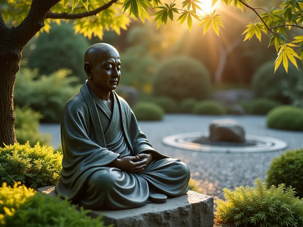 Serene Meditating Monk in Garden Sanctuary - Close-up shot during golden hour of a weathered bronze meditating monk statue in traditional robes, sitting cross-legged on a natural stone platform. The statue is nestled in a peaceful corner of a Japanese garden, surrounded by lush green carpet moss, delicate maidenhair ferns, and dwarf bamboo. Soft evening light filters through overhead Japanese maple branches, casting gentle shadows across the monk's serene face. The background features a small gravel zen garden with concentric circles and a few carefully placed river rocks. Captured with shallow depth of field, emphasizing the statue's contemplative expression while creating a dreamy, bokeh effect on the surrounding foliage. 16-35mm lens at 35mm, f/2.8, ISO 400.