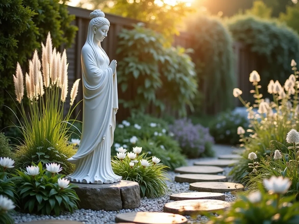 Serene Quan Yin Garden Sanctuary - A peaceful garden scene photographed at golden hour, featuring a graceful 6-foot white marble Quan Yin statue as the focal point. The statue stands elegantly on a natural stone platform, her flowing robes catching the warm evening light. She's surrounded by a meditative arrangement of silver-white Miscanthus sinensis grasses that sway gently in the breeze, creating a sense of movement. White Japanese anemones and pure white flowering lotus bloom at her feet. The background features a moss-covered stone wall with cascading white clematis. Small chunks of white quartz scatter the ground, creating subtle light reflections. Shot with a wide-angle lens to capture the entire peaceful composition, with soft natural bokeh effect in the background. The scene is enhanced by the golden sunlight filtering through the ornamental grasses, creating an ethereal, spiritual atmosphere.