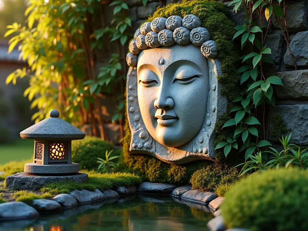 Serene Stone Face Garden Relief - A close-up shot of a weathered stone face relief mounted on a moss-covered garden wall, captured during golden hour. The carved face exhibits peaceful, Buddha-like features with closed eyes and a gentle expression, emerging naturally from rough-hewn stone. Soft shadows play across the ancient-looking surface, while climbing Japanese ivy partially frames the piece. A small stone lantern sits below, casting a warm glow. Japanese forest grass and dwarf bamboo create a peaceful foreground, with a shallow reflection pool visible in the background. Shot with atmospheric depth, emphasizing the interplay of light and shadow on the stone's textured surface. 8K resolution, professional lighting, dramatic composition.