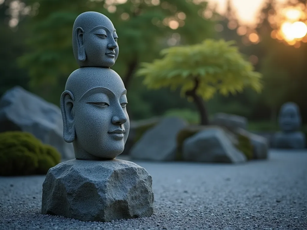 Vertical Stone Face Garden Statue at Dusk - A serene Japanese zen garden at dusk featuring a striking vertical stack of three intricately carved stone faces, each with peaceful expressions, mounted on a solid granite base. The faces are weathered and textured, surrounded by carefully raked gravel patterns and minimal moss-covered rocks. Soft evening light casts gentle shadows across the sculptures, while a single Japanese maple provides a subtle backdrop. Shot at f/2.8 with shallow depth of field, creating a dreamy bokeh effect that enhances the spiritual atmosphere. The composition is captured from a low angle, emphasizing the statue's height and dramatic presence in the meditative space.