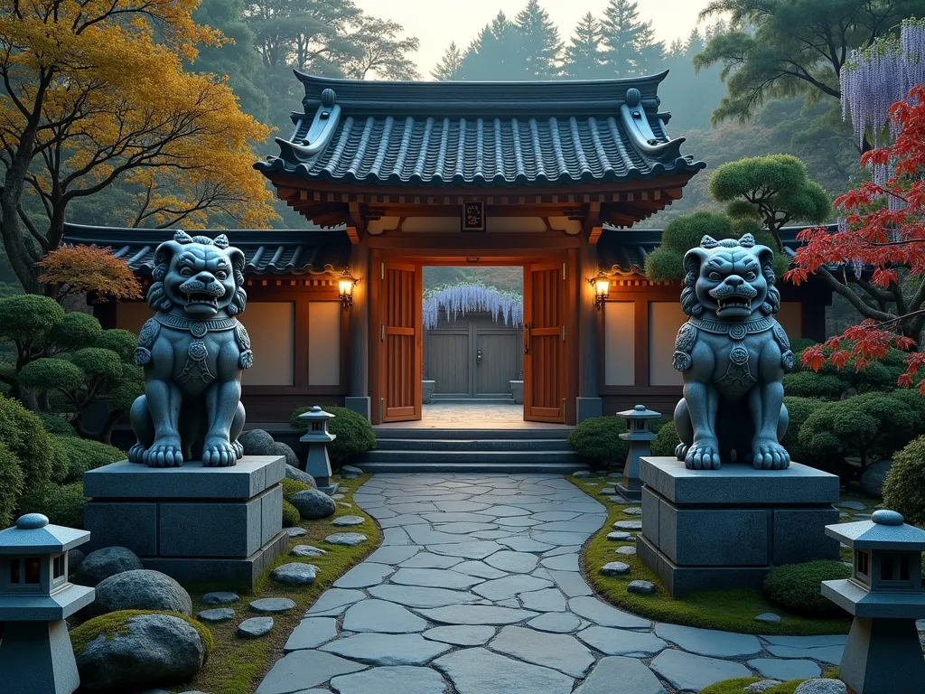 Traditional Fu Dog Garden Guardians at Dusk - A stunning twilight scene of a serene Japanese garden entrance where a pair of intricately carved stone Fu Dog statues stand majestically on raised pedestals, their detailed features softly illuminated by warm garden lighting. The guardians flank a curved stone pathway leading to an ornate wooden gate, surrounded by carefully pruned Japanese maples and flowing fountain bamboo. Moss-covered stones and small granite lanterns create depth in the foreground, while soft mist hovers near the ground, creating an ethereal atmosphere. The Fu Dogs' protective poses and weathered patina suggest ancient wisdom and steadfast protection, their symmetrical placement perfect against the backdrop of a traditional wooden garden fence draped with wisteria vines.