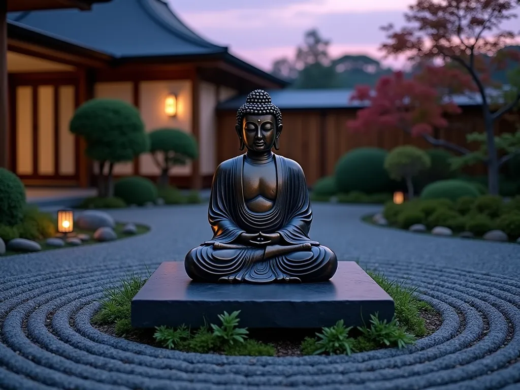 Serene Buddha in Zen Garden at Dusk - A wide-angle twilight photograph of a weathered bronze Buddha statue in meditation pose, sitting on an elevated dark stone platform in a Japanese zen garden. The Buddha, 4 feet tall, emanates tranquility with its serene expression and perfect symmetry. Meticulously raked concentric circles in light grey gravel surround the platform, creating ripple-like patterns. Patches of lush green moss and small clusters of ornamental grasses soften the edges. Smooth river stones mark the garden's perimeter. Low voltage landscape lighting casts gentle shadows, while the dusky purple sky creates a mystical ambiance. A traditional wooden fence and carefully pruned Japanese maples frame the background. Shot with shallow depth of field focusing on the Buddha's peaceful expression.