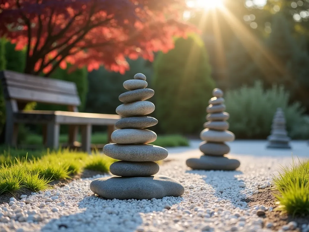 Tranquil Stone Cairns at Sunset - A serene Zen garden setting at golden hour, featuring three artfully balanced stone cairns of varying heights (2-3 feet tall) placed along a curved gravel path. The cairns are crafted from smooth, flat river rocks in muted gray and earth tones, expertly stacked to create harmonious proportions. Low-growing Japanese forest grass and dwarf mondo grass soften the base of each cairn. Dappled evening sunlight casts long shadows across the white gravel path, while wispy clouds create a dreamy atmosphere. A weathered wooden bench sits in the background, partially visible through a graceful Japanese maple with burgundy leaves. Shot from a low angle to emphasize the cairns' height and stability, with selective focus on the central cairn while maintaining environmental context. Professional DSLR capture with natural lighting enhances the peaceful ambiance.