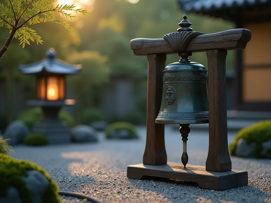 Tranquil Zen Garden Meditation Bell at Dusk - A serene close-up shot of an antique bronze meditation bell mounted on an ornate wooden stand, positioned in a peaceful Zen garden setting at dusk. The bell's patinated surface reflects soft evening light, surrounded by carefully raked gravel patterns and moss-covered stones. Dwarf Japanese maples and bamboo create a gentle backdrop, their leaves casting delicate shadows. Stone lanterns emit a warm glow in the background, while wisps of evening mist add atmosphere. The bell's wooden striker hangs ready for use, suggesting quiet contemplation. Photorealistic, atmospheric lighting, shallow depth of field, focusing on the bell's intricate details.