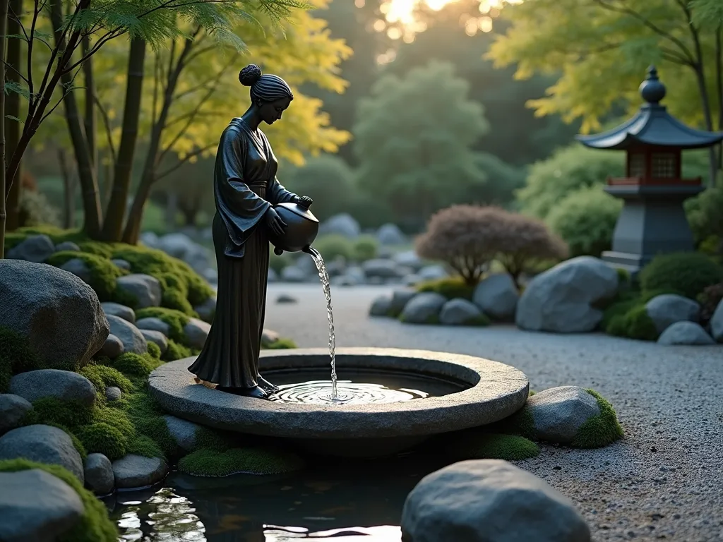 Zen Maiden Water Feature at Dusk - A serene Japanese garden scene at dusk, featuring a bronze maiden statue in traditional kimono gracefully pouring water from an elegant vessel into a circular stone basin. The statue is positioned on a natural rock platform surrounded by carefully raked gravel patterns. Soft ambient lighting illuminates the flowing water, creating gentle reflections. Moss-covered stones and dwarf bamboo frame the scene, while Japanese maple leaves cast delicate shadows. A stone lantern provides subtle illumination in the background. Wide-angle perspective captures the peaceful atmosphere with subtle mist rising from the water feature.