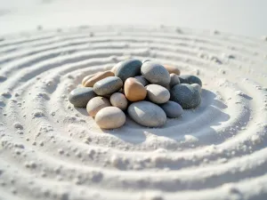 Abstract Rock Composition - Close-up of an abstract arrangement of differently sized and colored rocks creating a sculptural focal point, surrounded by precisely raked concentric circles in white sand