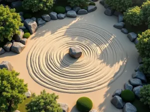 Aerial Zen Garden Layout - Bird's eye view of a perfectly manicured zen garden featuring concentric circles in raked sand, scattered rock formations, and minimal greenery, early morning shadows, architectural photography style