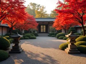 Autumn Zen Panorama - Wide panoramic view of a zen garden in fall, featuring Japanese maples in red autumn colors, stone lanterns, and raked gravel patterns, golden hour lighting